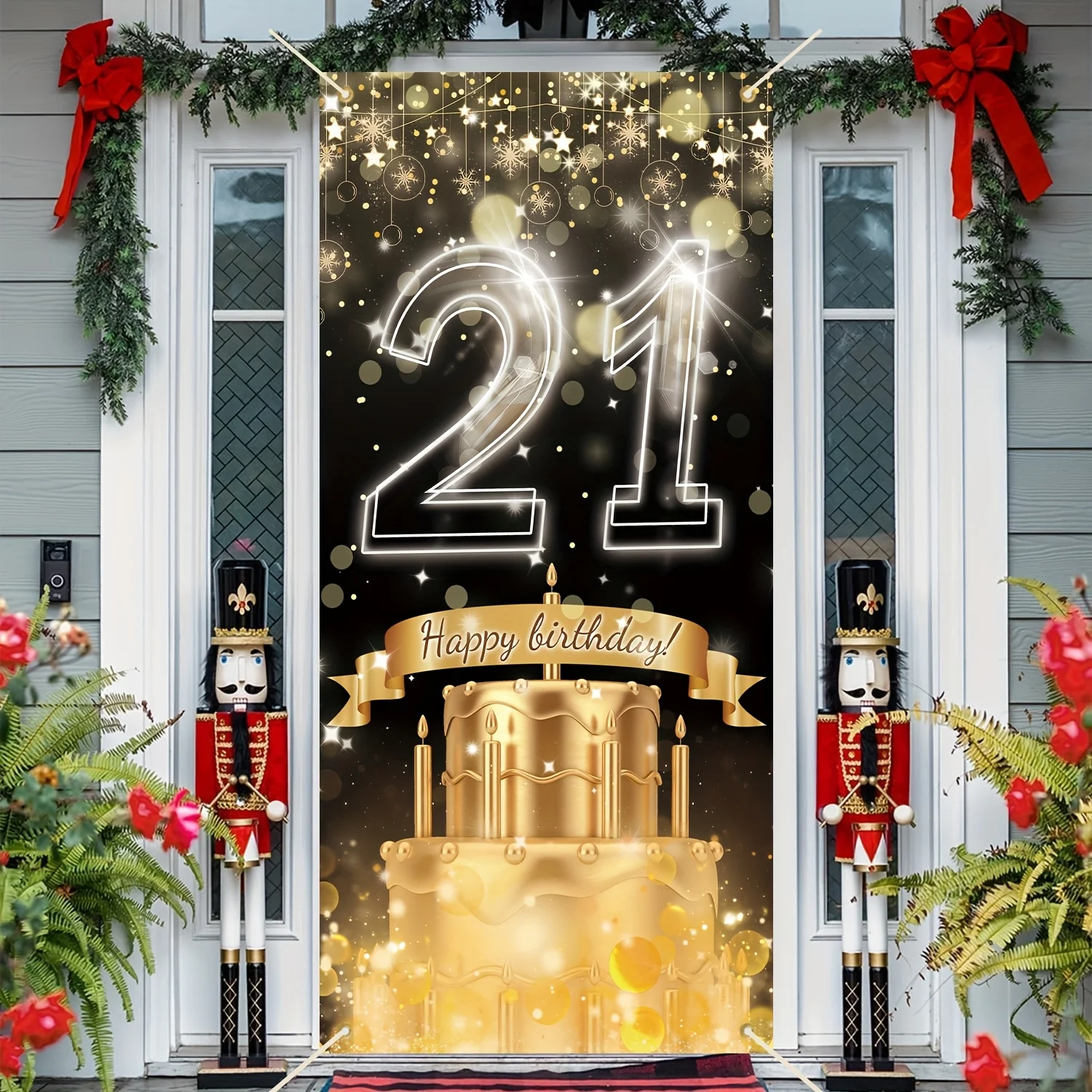 Party Banner Gold - 2D banner, 21e verjaardagsbanner met zwart-gouden