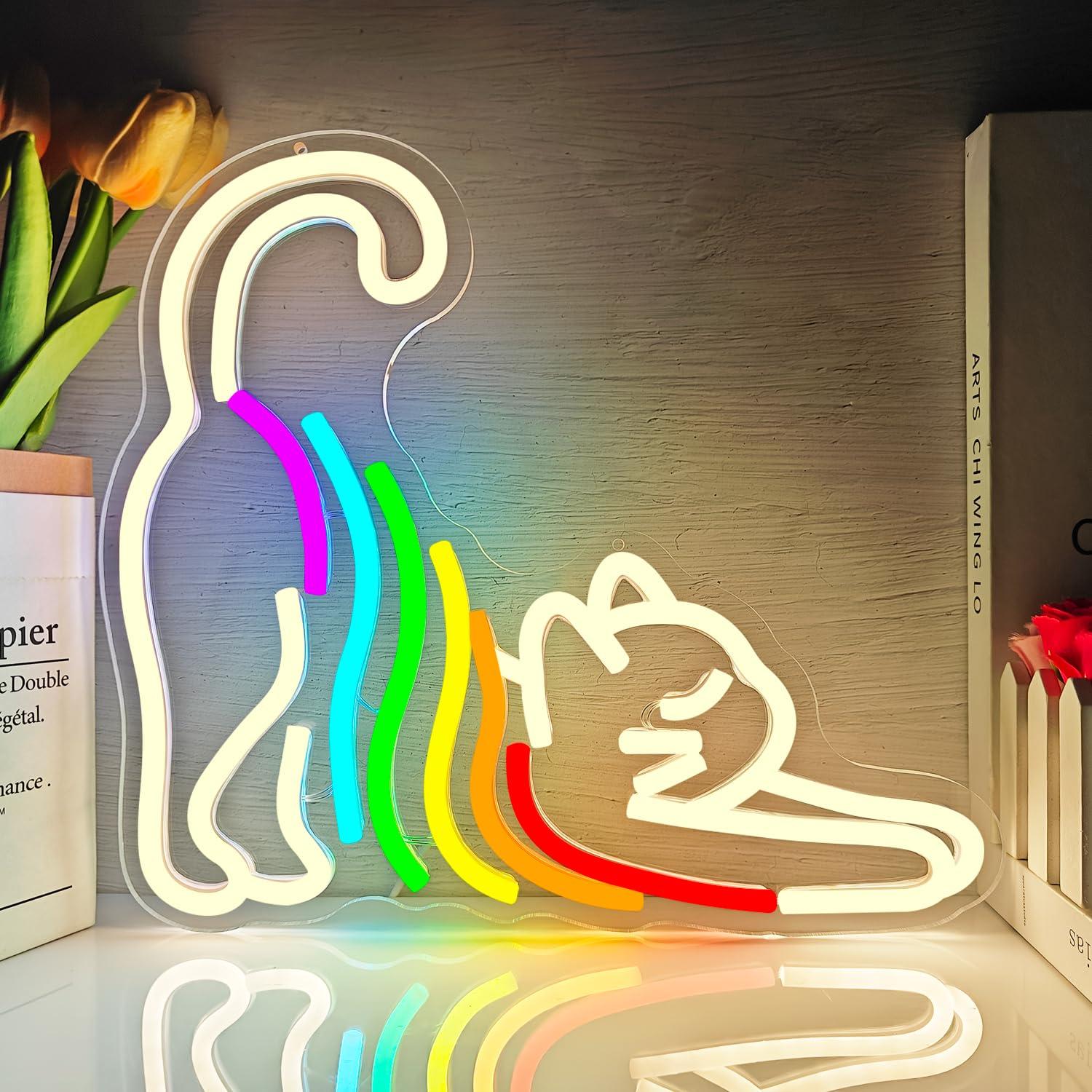 Neon Sign Party - Regenboog-stretchende kat neonbord, ideaal als decoratie