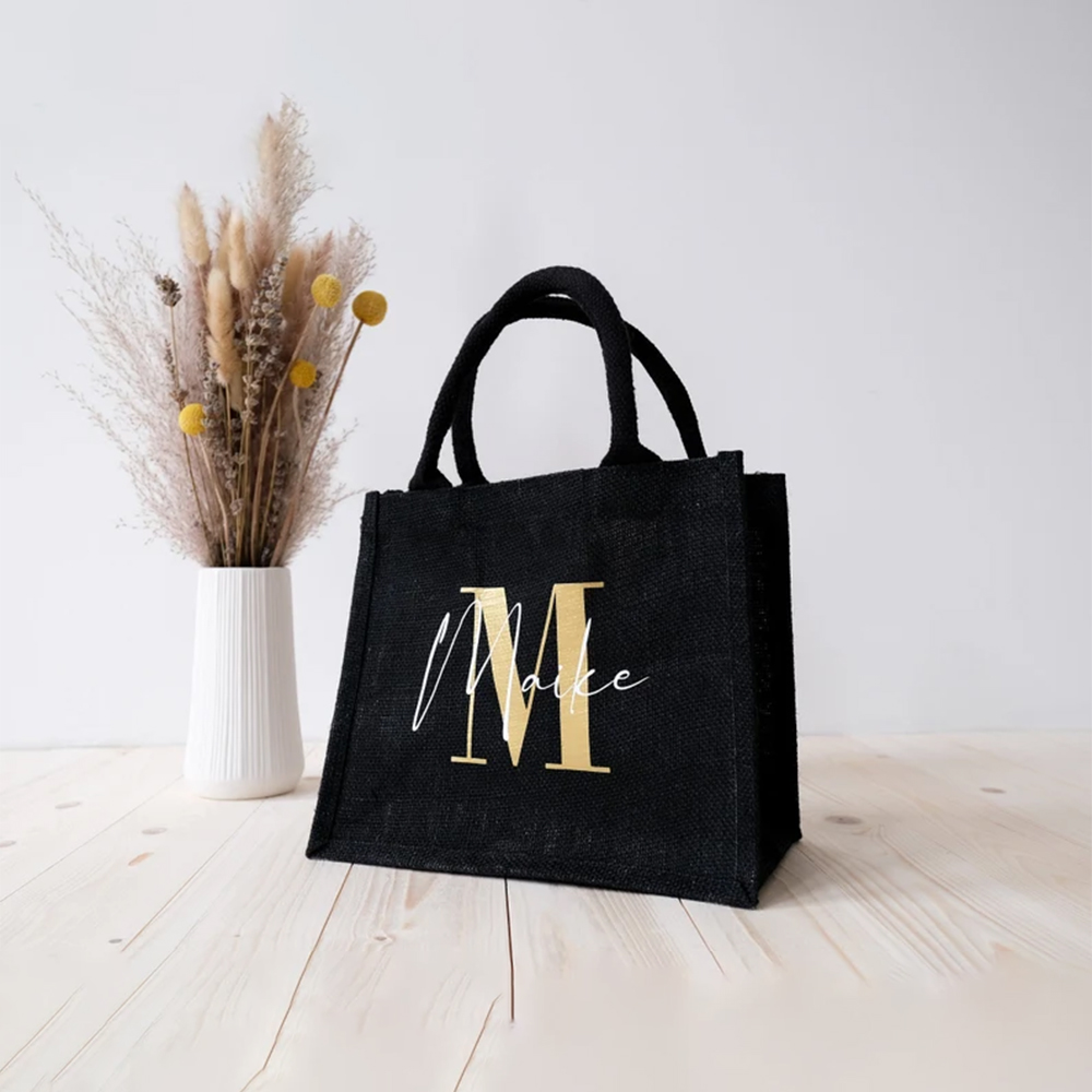 Event Party Shop - Gepersonaliseerde Zwart-Witte Jute Draagtas, Aangepaste Bruidsmeisje