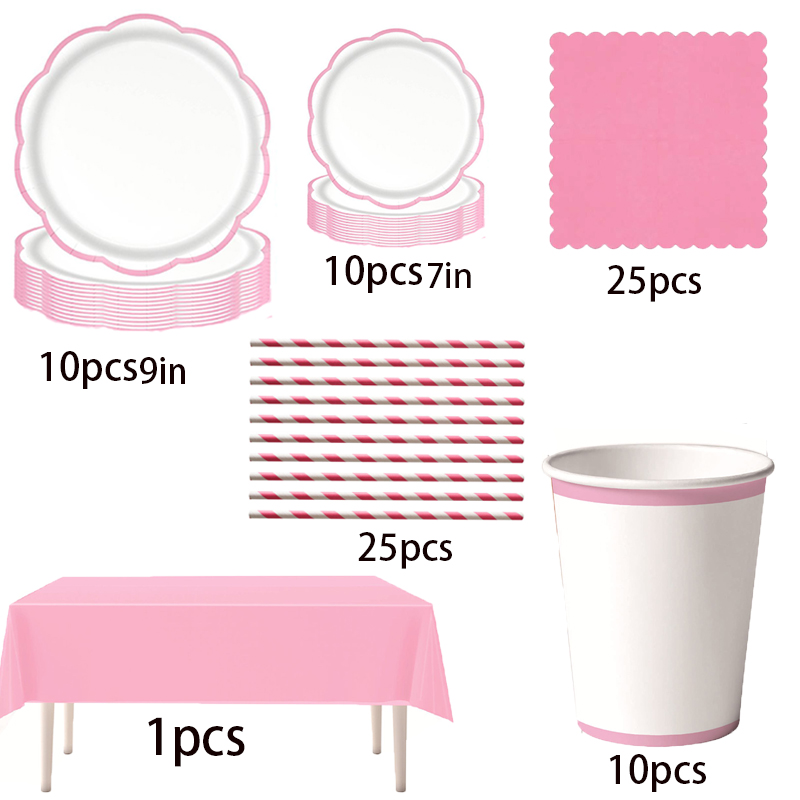 Table Cloth Disposable - Roze gegolfde rand wegwerp serviesset: papieren